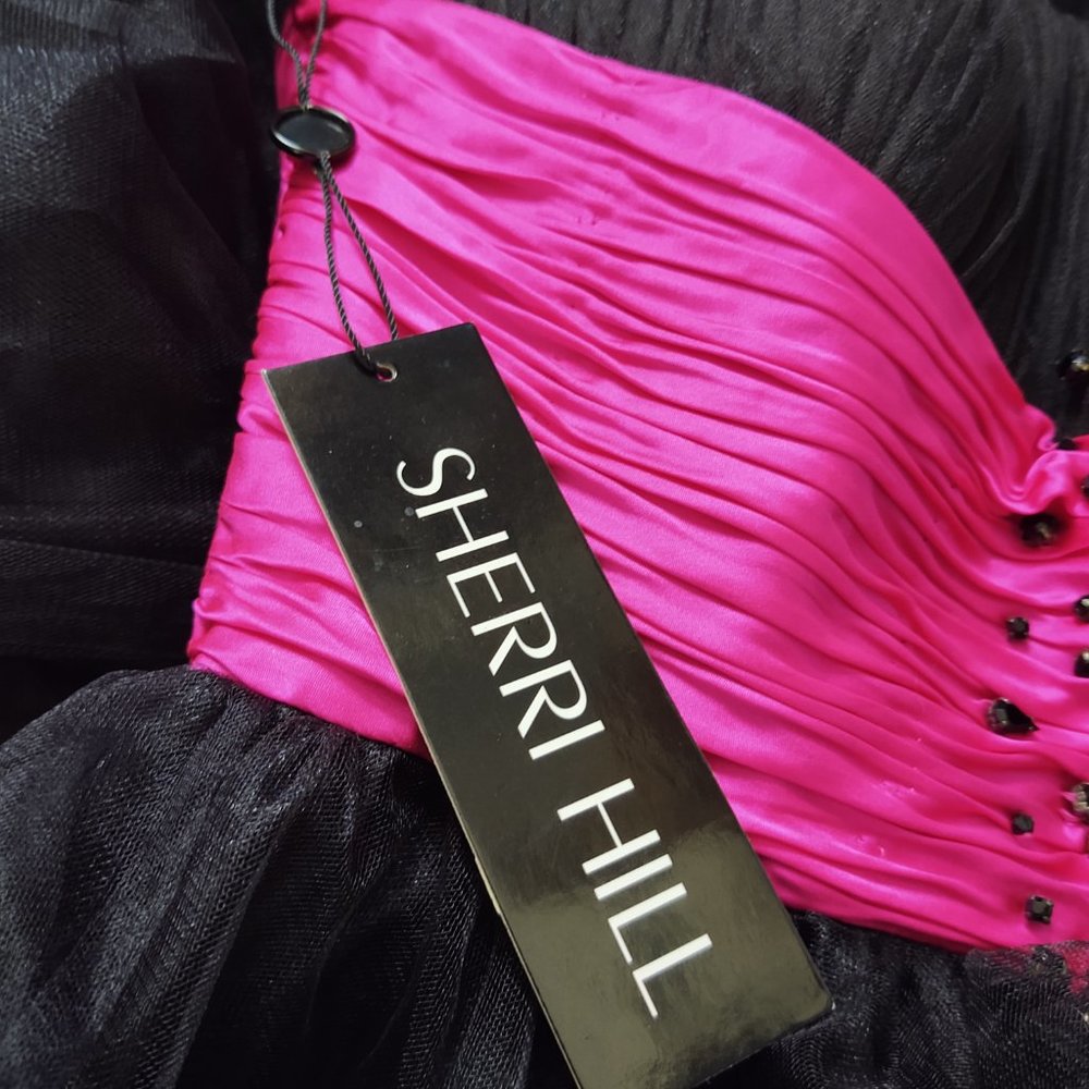 Final Chance Sale Sherri Hill Beaded Strapless Black Fuchia Tulle Dress - Picture 14 of 15